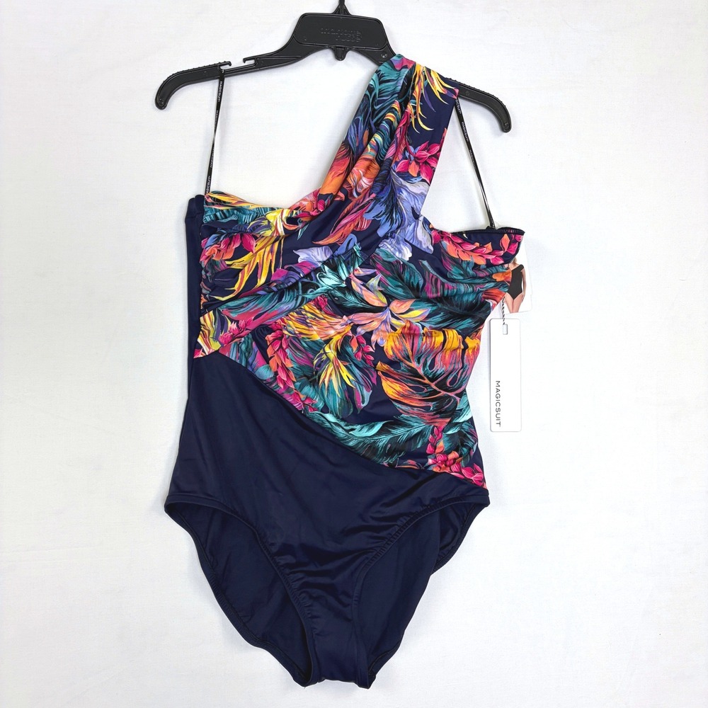 Magicsuit Goddess One Piece Womens Navy Tropical Floral One Shoulder Swimsuit 14
